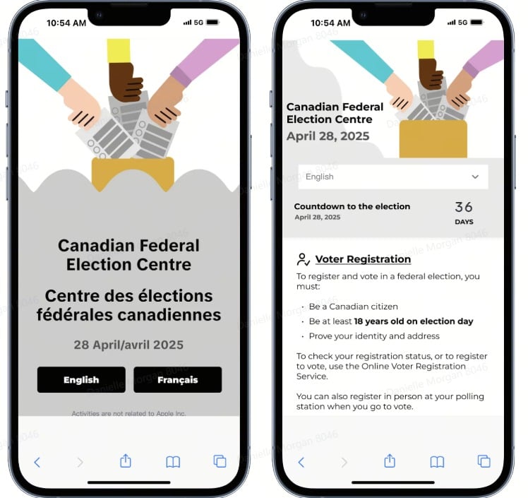 Dve obrazovky smartfónu zobrazujúce webovú stránku Kanadského federálneho volebného centra s viacjazyčnými možnosťami pre angličtinu a francúzštinu. Na prvej obrazovke sa zobrazuje dátum volieb 28. apríla 2025 s grafikou rôznorodých rúk vhadzujúcich hlasovacie lístky do urny. Druhá obrazovka obsahuje údaje o registrácii voličov, odpočítavanie času do volieb, do ktorého zostáva 36 dní, a požiadavky na účasť vo voľbách, ako napríklad byť kanadským občanom a mať v deň volieb aspoň 18 rokov.
